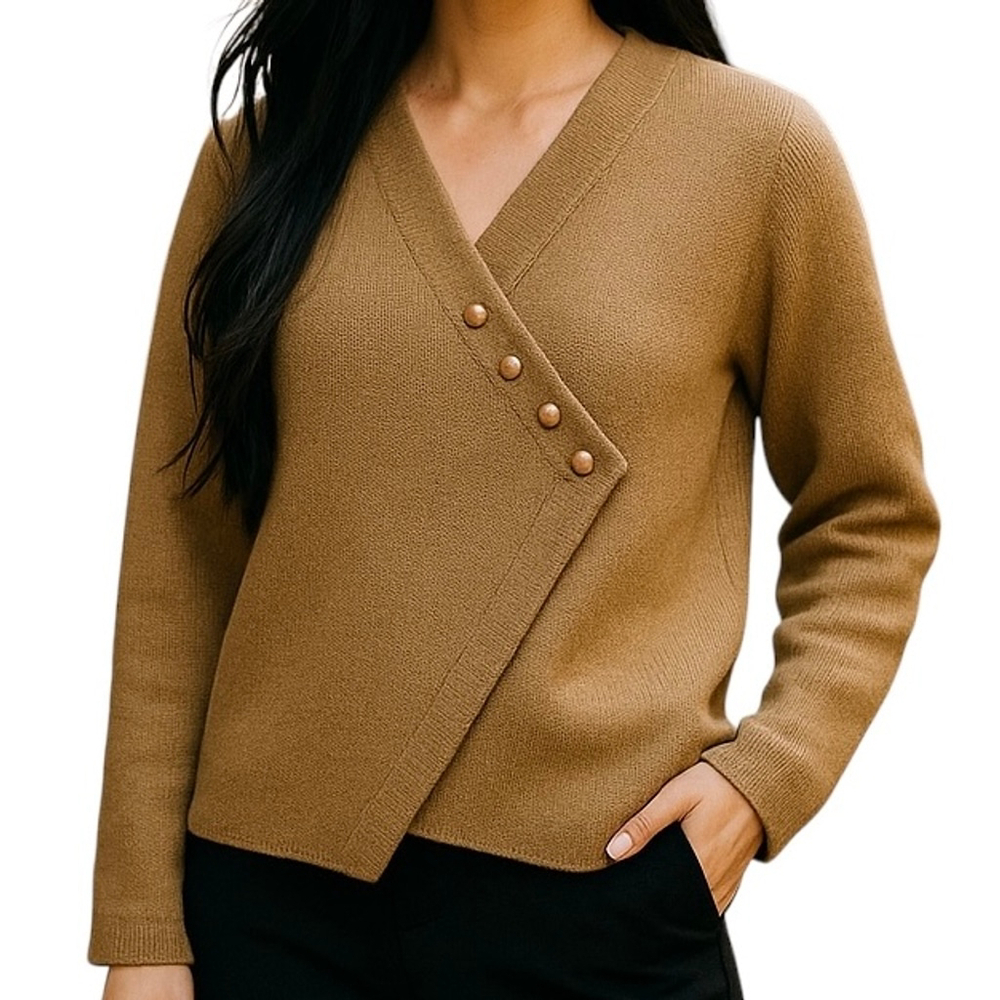 Camel Tan Long Sleeve V-Neck Knit Cross Panel Button Front Soft Size MEDIUM